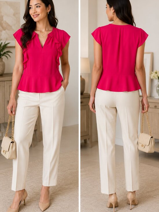 Banana Republic Tops - Banana Republic Pink Ruffle V-Neck Peplum Blouse Size Medium